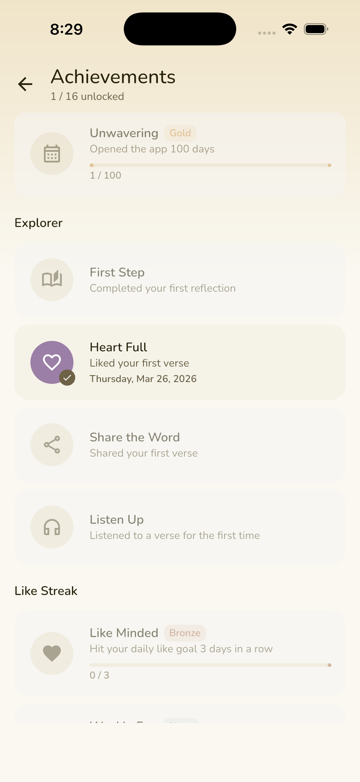 Word for Today app — achievements screen