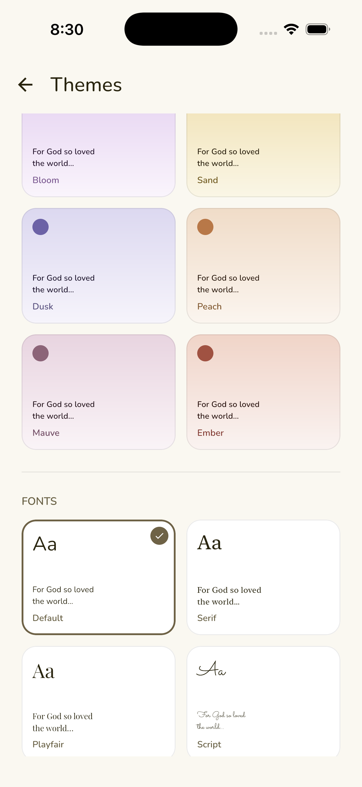 Word for Today app — theme picker with colour options